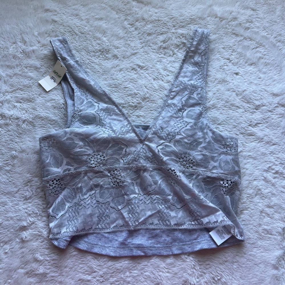 Aerie Womens Floral Lace V-Neck Bralette Crop Top Light Blue Grey Size M NWT New